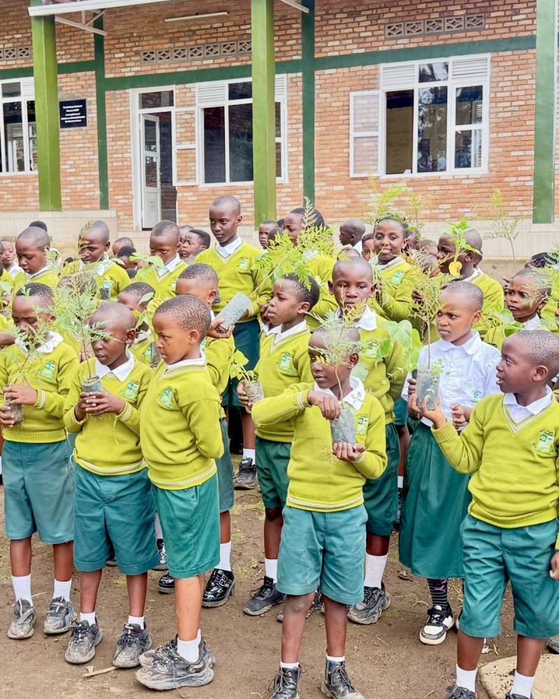 Pupils in yellow-and-green uniform holding tree saplings outside a brick classroom block
