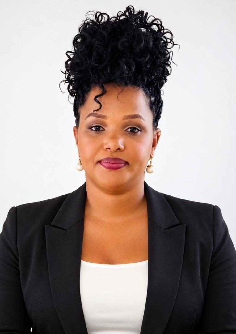 Faith Uwantege in a black blazer over a white top, against a plain light background