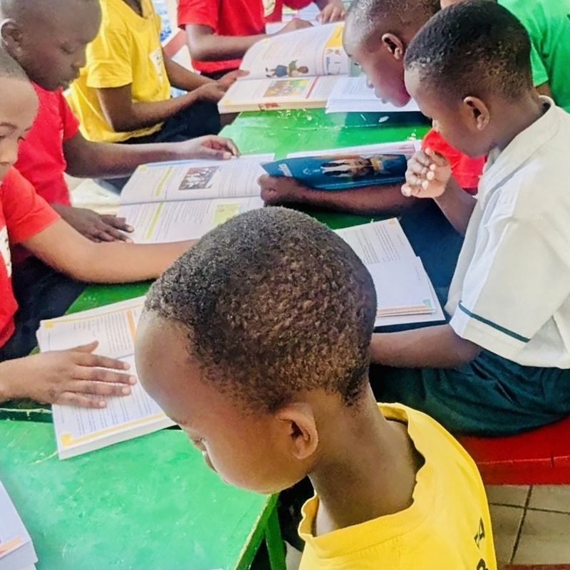 Pupils in red, yellow and white shirts reading books along green tables on red benches