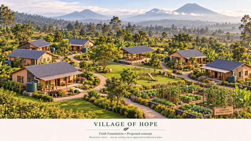 Concept drawing of the proposed Village of Hope, marked as an illustrative vision and not an existing site: small houses with grey roofs among gardens and paths, volcanoes behind